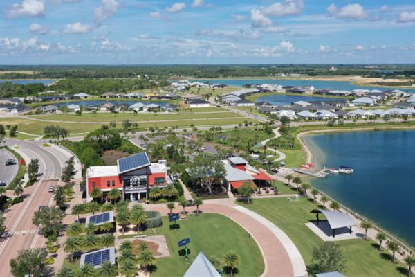 Aerial view of Babcock Ranch Florida, with solar panels on roofs of buildings