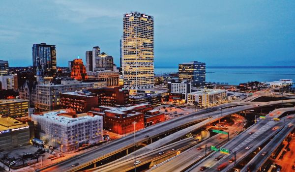 Aerial view of freeways and Milwaukee's downtown